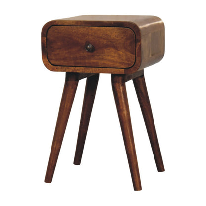 Chestnut Bedside with 1 Drawer Avora Mini by Maple Manor solid wood bedside table, chestnut tone with round drawer.