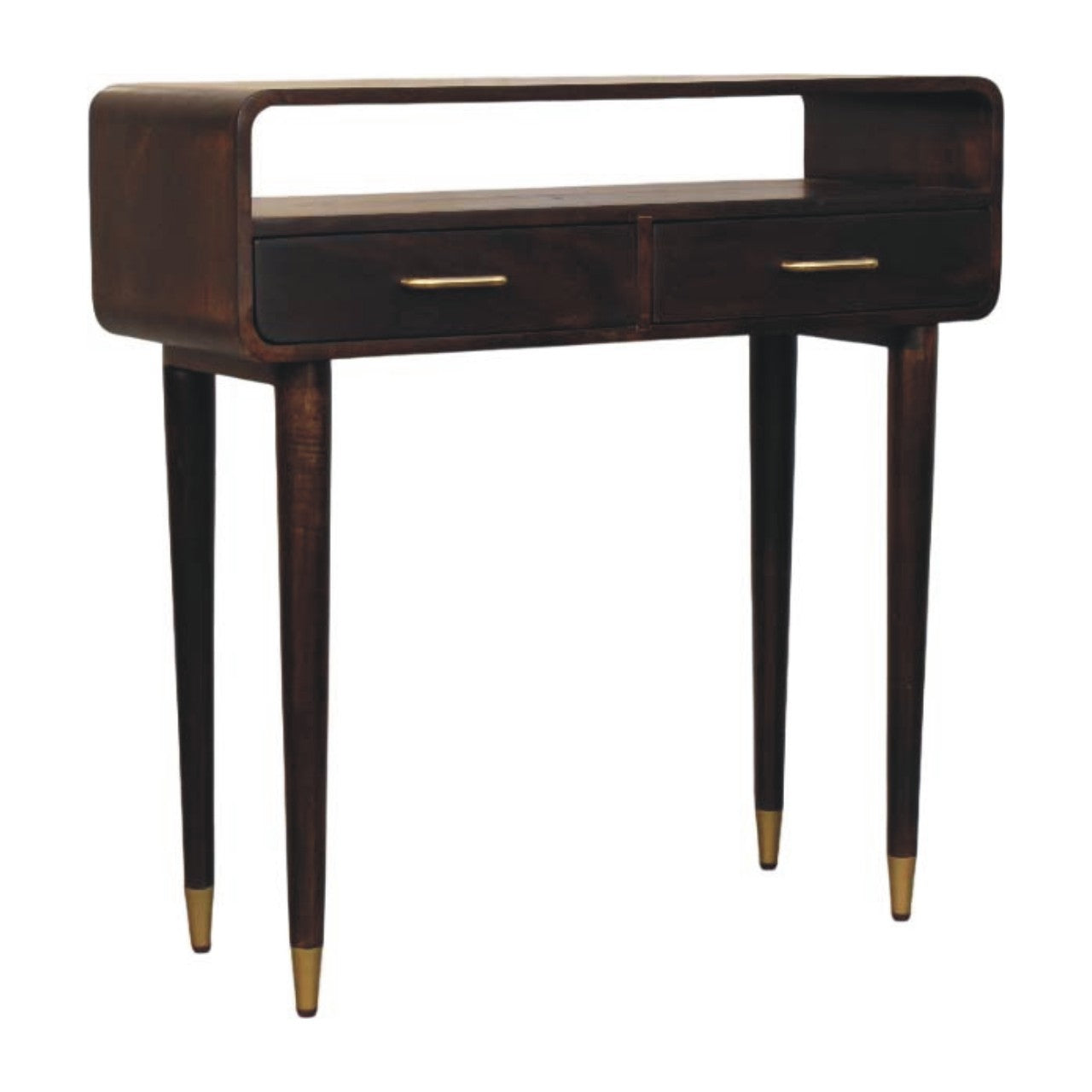 Console Desk - Apollo Loop by Maple Manor dark mango wood console table with two drawers and brass handles