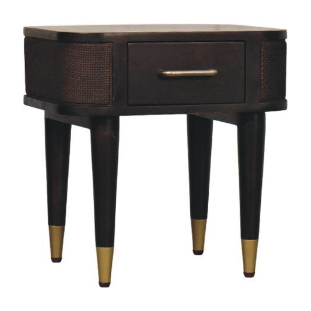 Belmont Bedside by Maple Manor solid wood bedside table with dark finish, single drawer, woven side panels