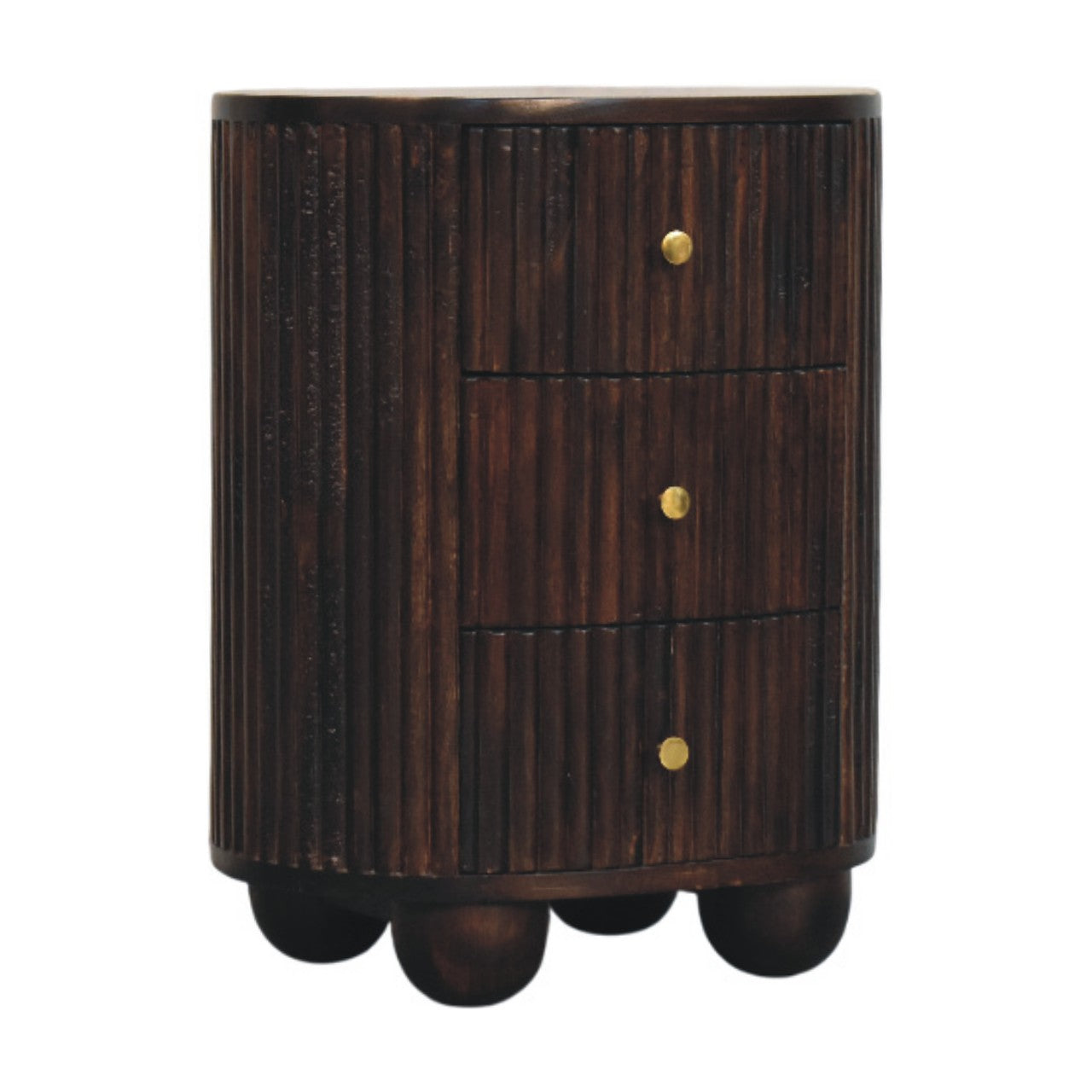 3-Drawer Bedside - Curved Fluted Maple Manor solid wood bedside table with curved fluted front and brass knobs