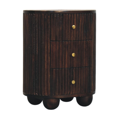 3-Drawer Bedside - Curved Fluted Maple Manor solid wood bedside table with curved fluted front and brass knobs