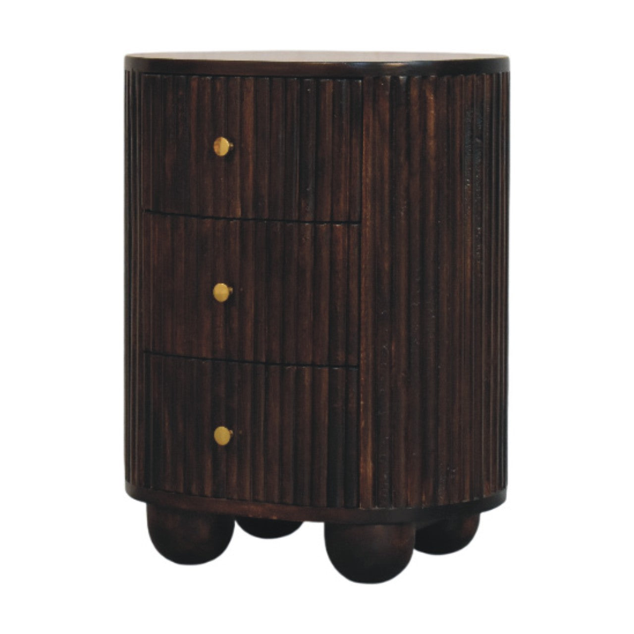 3-Drawer Bedside - Curved Fluted Maple Manor solid wood bedside table, fluted dark wood with three drawer fronts