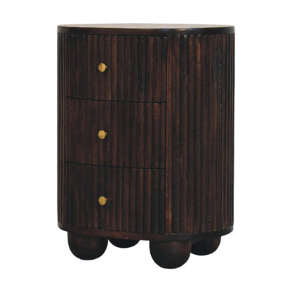 3-Drawer Bedside - Curved Fluted Maple Manor solid wood bedside table, fluted dark wood with three drawer fronts