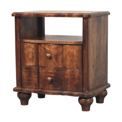 2-Drawer Bedside with Open Shelf by Maple Manor, mango wood cabinet with open shelf and two drawers, turned legs.