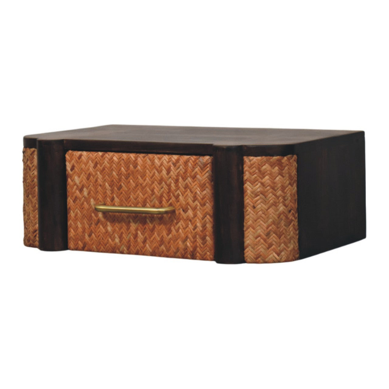 Wall-Mounted Drawer - Rattan Curve by Maple Manor with woven rattan drawer front and brass pull handle in dark wood