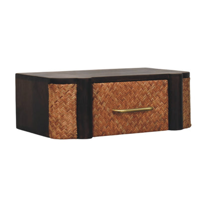 Wall-Mounted Drawer - Rattan Curve by Maple Manor, wall bedside drawer with curved rattan front and dark wood sides
