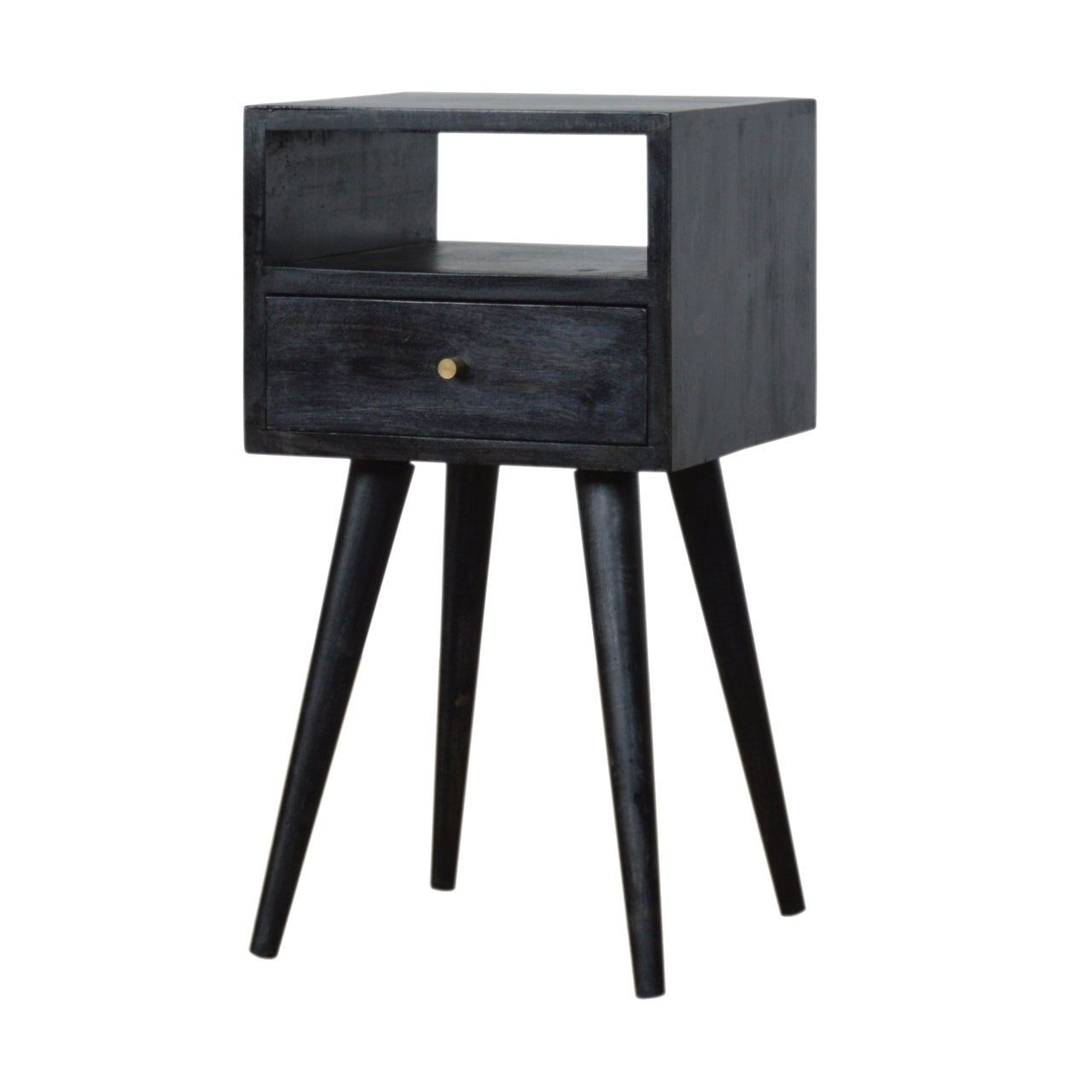 Ash Black Bedside Mini by Maple Manor, solid wood bedside table with drawer and open shelf, dark ash finish.