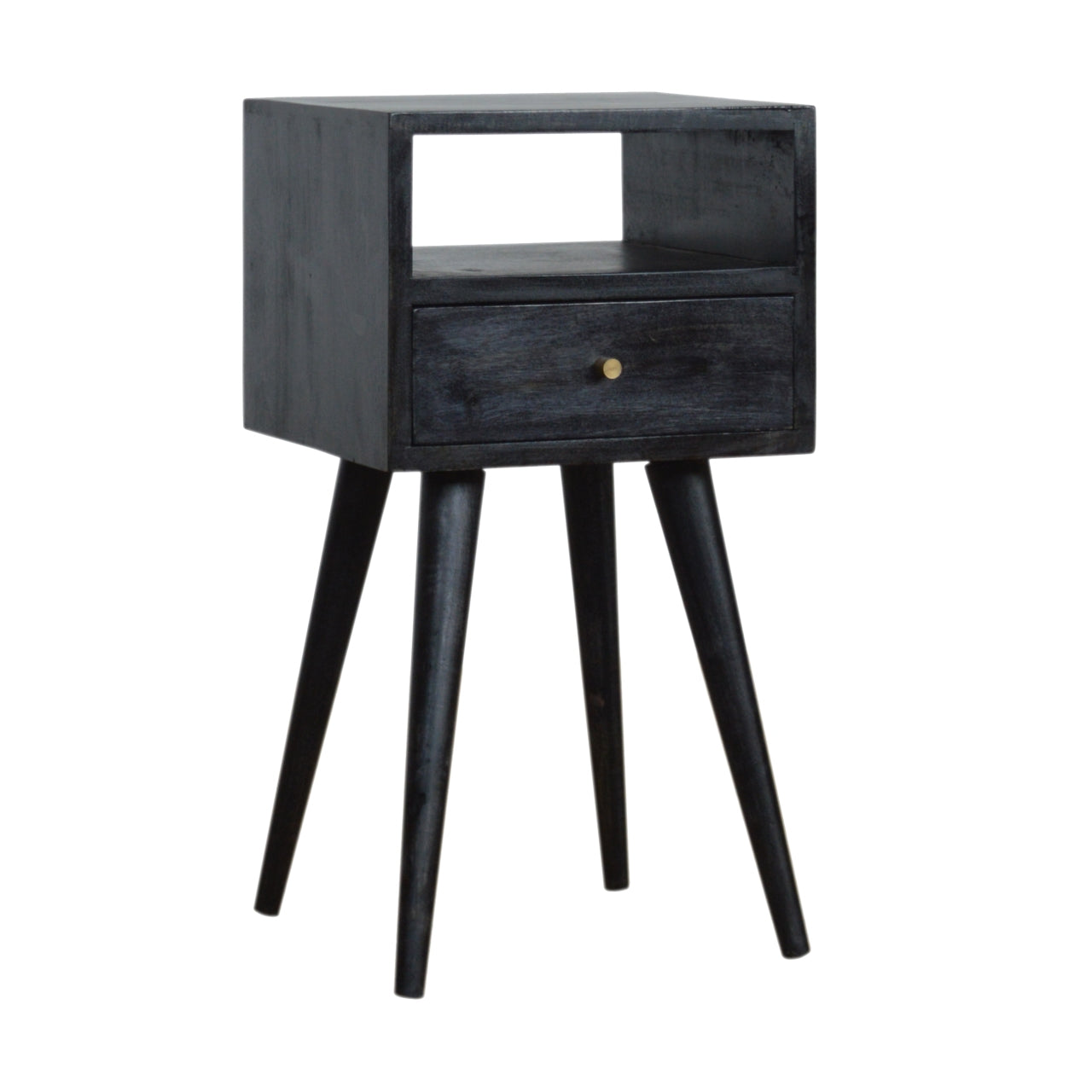 Ash Black Bedside Mini by Maple Manor bedside table in ash black solid wood with one drawer and open niche