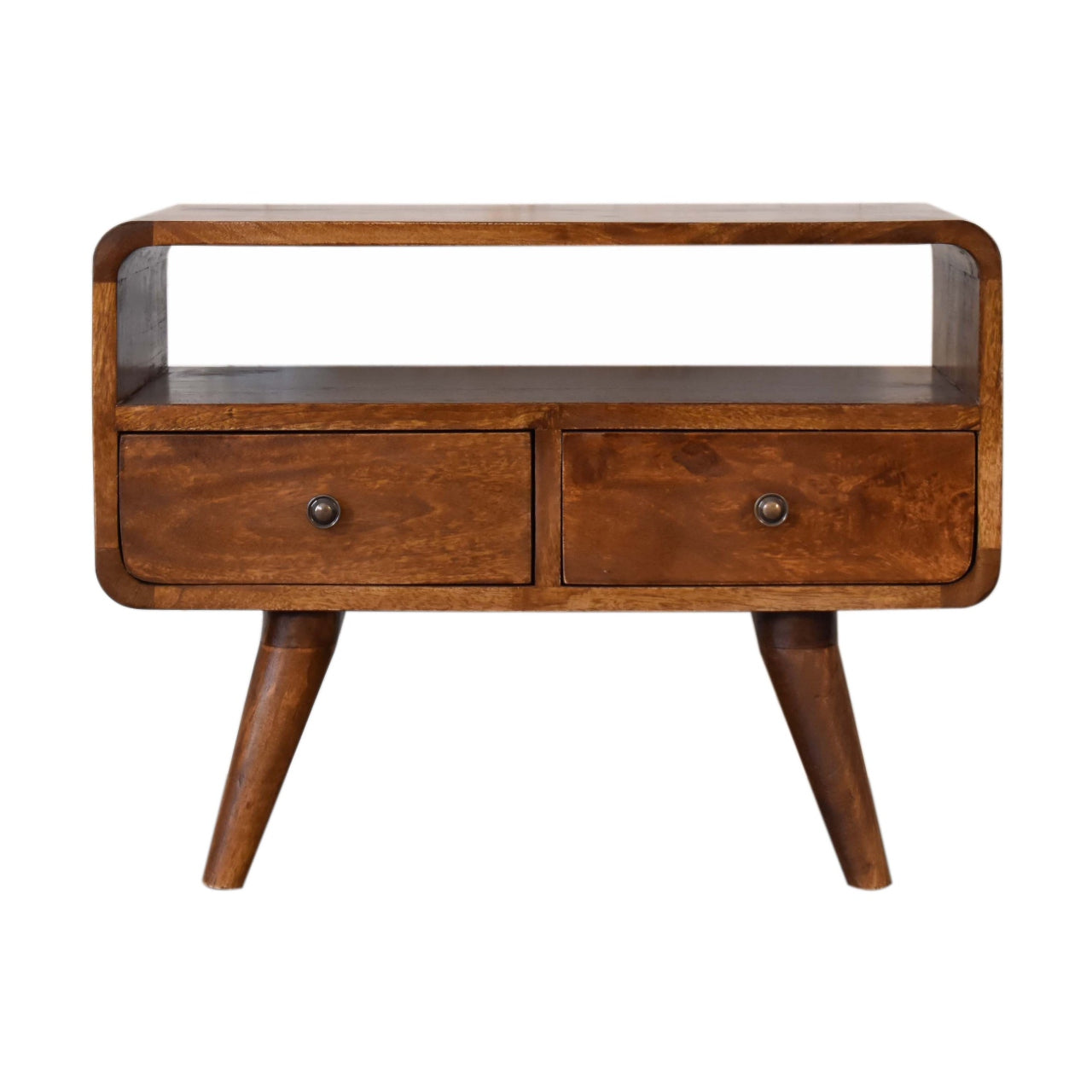 solid wood Media Unit with 2 closed Drawers in a chestnut finish and set on a white background. 