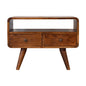 solid wood Media Unit with 2 closed Drawers in a chestnut finish and set on a white background. 