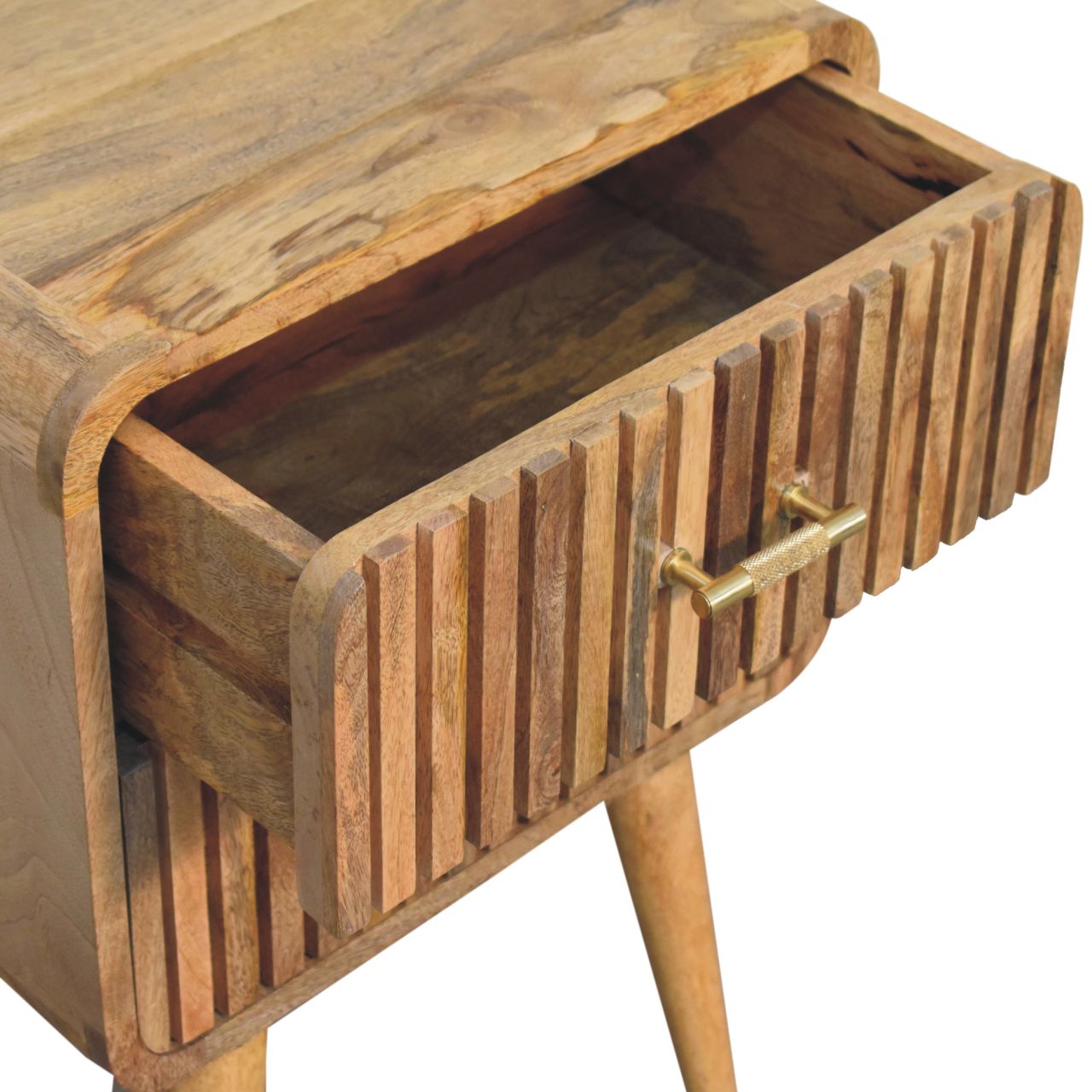 Oak ish bedside table with open draw set on white background
