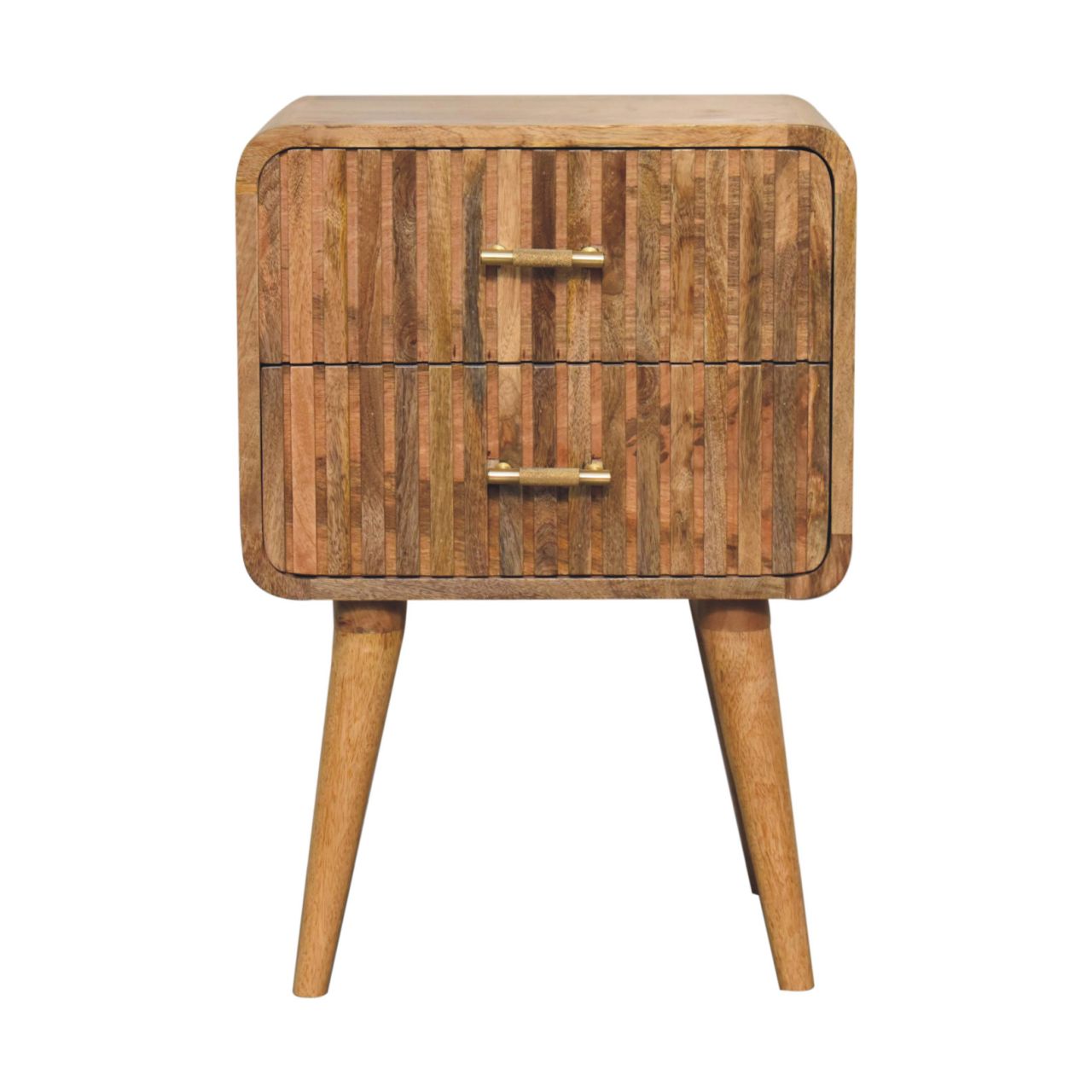 Oak ish solid wood bedside table with two closed drawers and set on a white background.