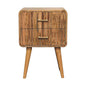 Oak ish solid wood bedside table with two closed drawers and set on a white background.