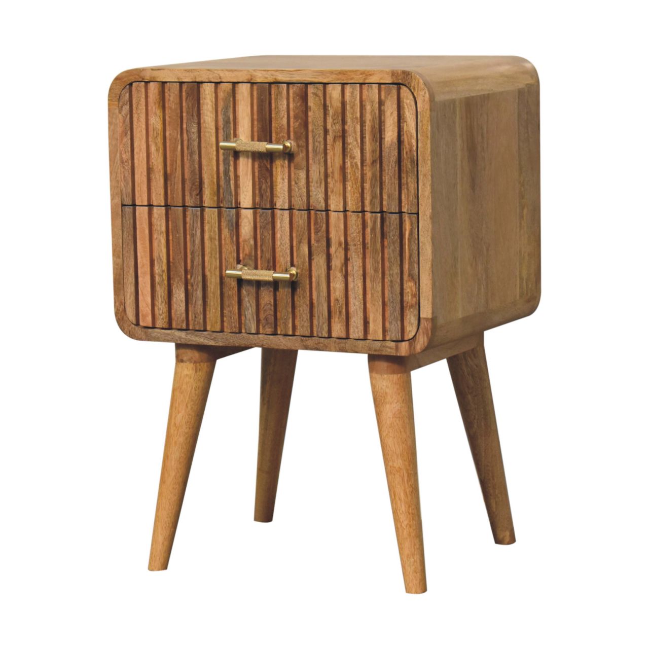 Oak ish bedside table with closed drawers set on a white background