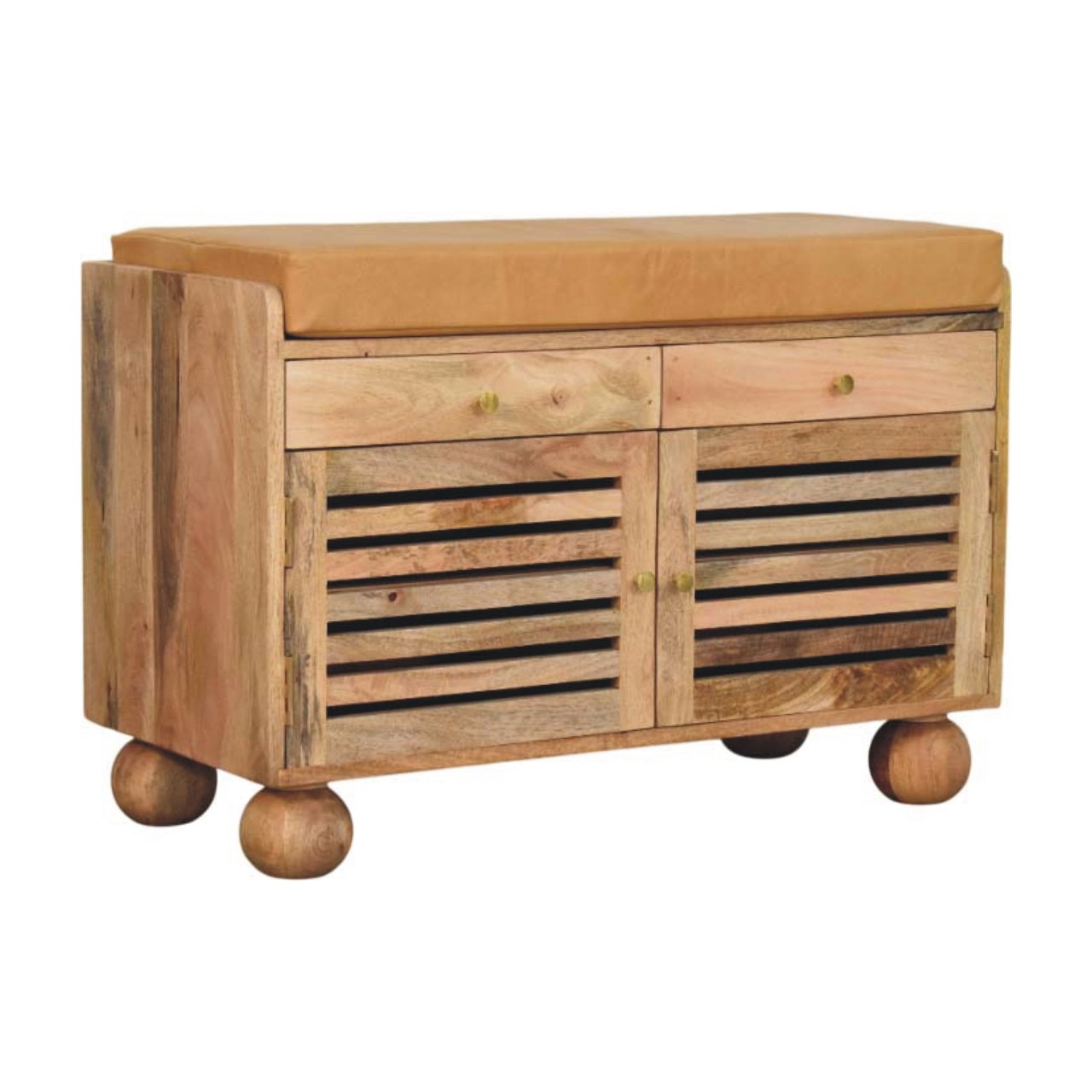 Oak ish shoe rack with 2 drawers - Shutter by Maple Manor, solid wood storage with shutter-style slats
