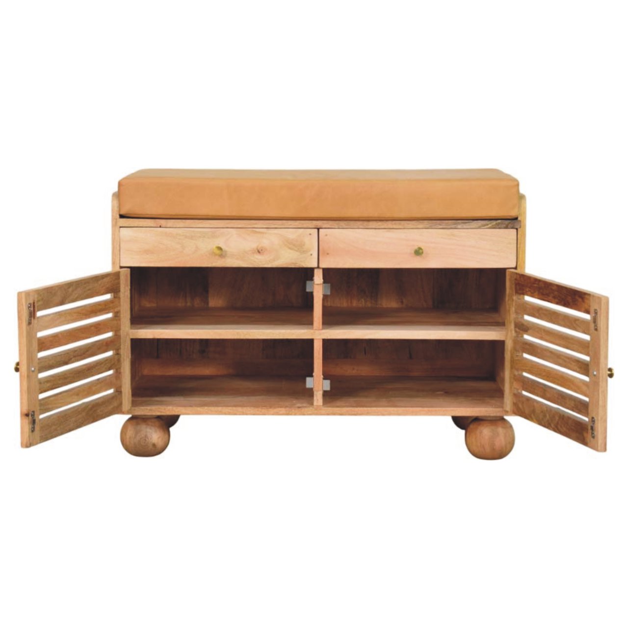 Solid wood Oak ish shoe rack with 2 drawers and open shutter doors. set on a white back ground 