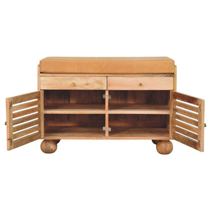 Solid wood Oak ish shoe rack with 2 drawers and open shutter doors. set on a white back ground 