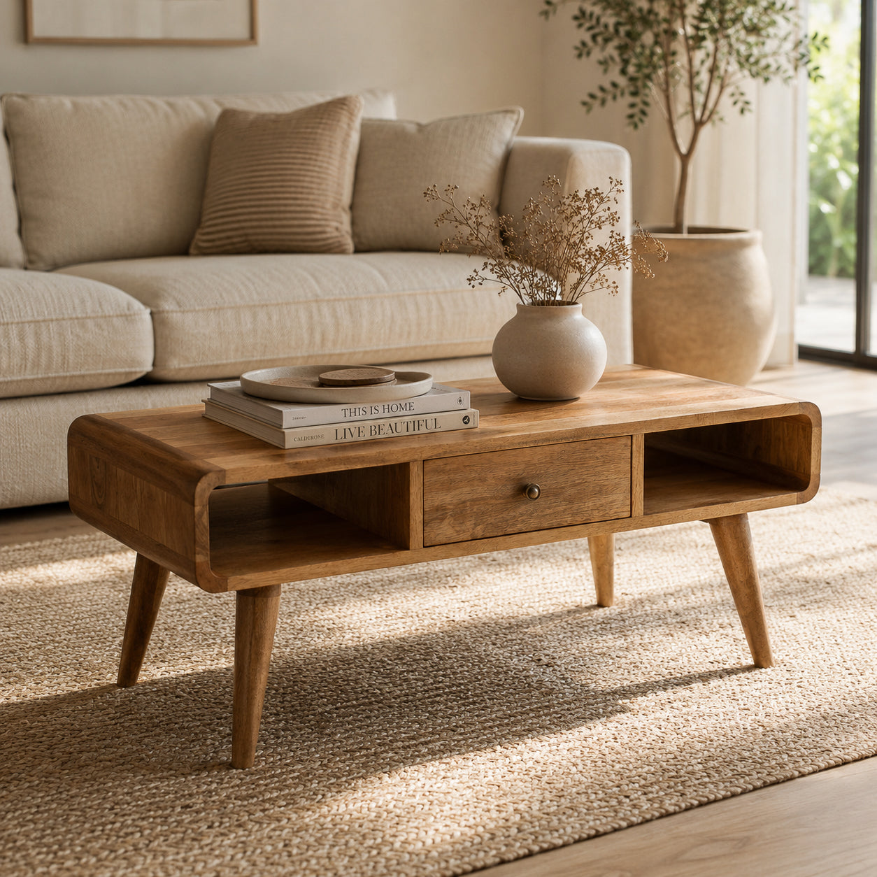 A mid-century modern wooden coffee table with a single drawer and open side shelves, styled in a bright, modern living room with a beige sofa and potted plants.