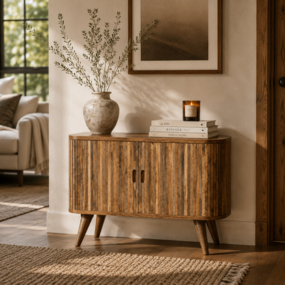 A mid-century modern mango wood sideboard cabinet with a distressed finish, styled in a warm living room setting with a ceramic vase, books, and a candle on top.