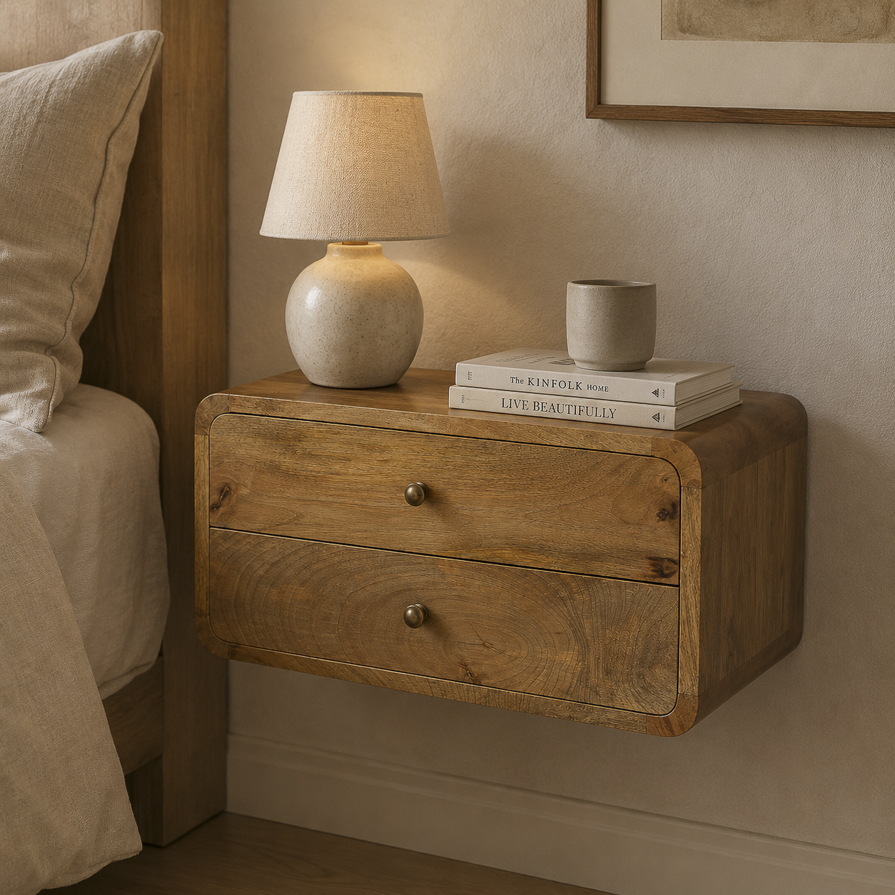 Oak-ish wall-mounted floating bedside table styled beside a linen bed in a warm minimalist bedroom.