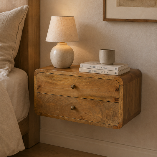 Oak-ish wall-mounted floating bedside table styled beside a linen bed in a warm minimalist bedroom.
