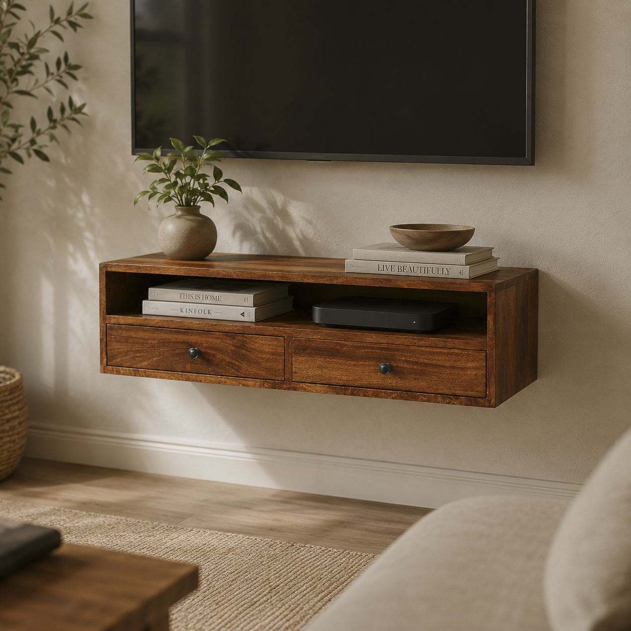 Wall-mounted solid mango wood media unit with two drawers mounted at eye height in a UK living room.