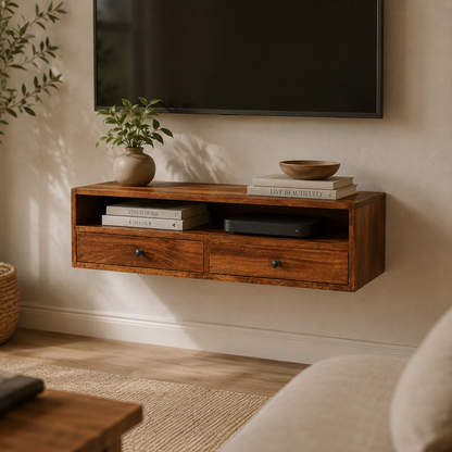 Wall-mounted solid mango wood media unit with two drawers mounted at eye height in a UK living room.