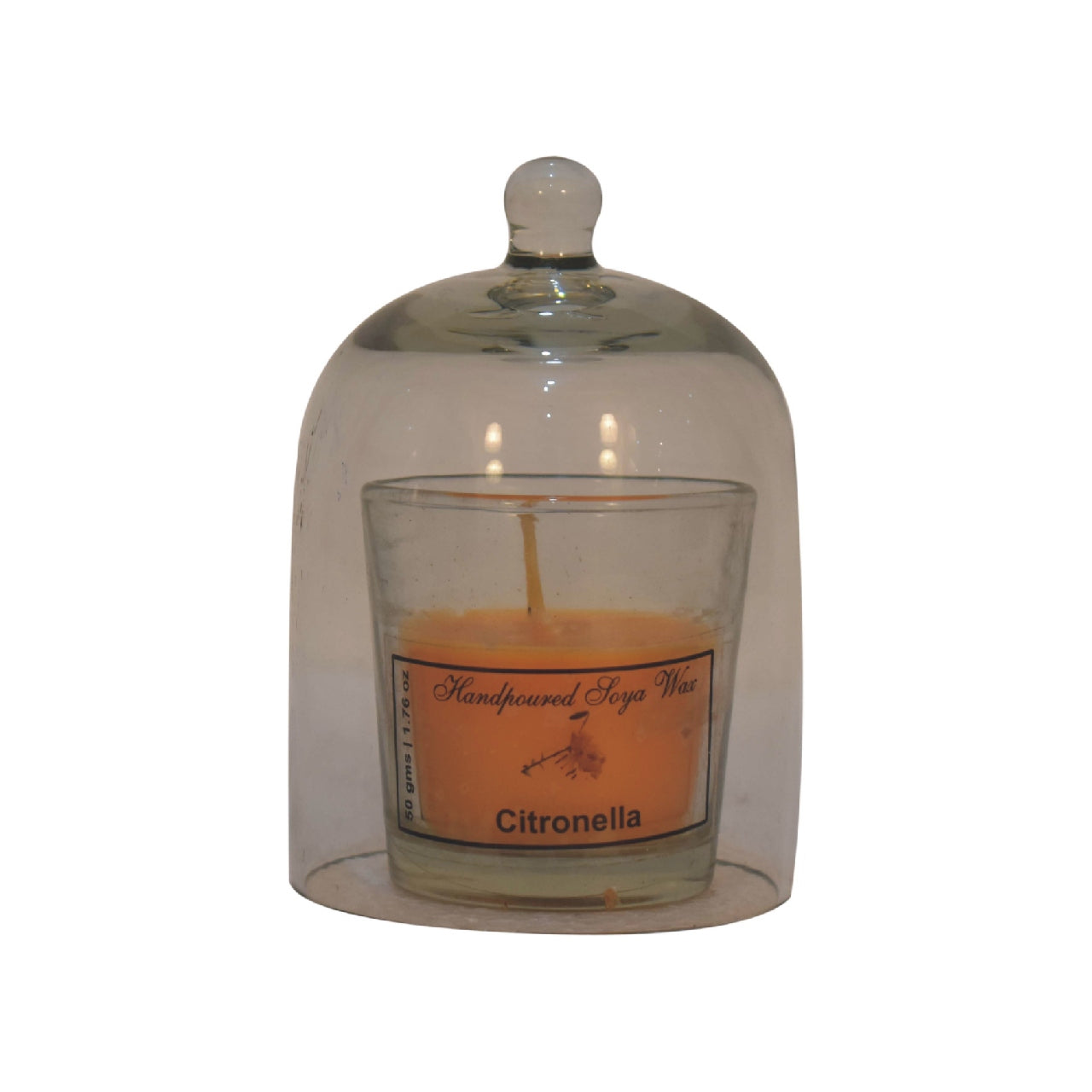 citronella candle in a glass dome with white background