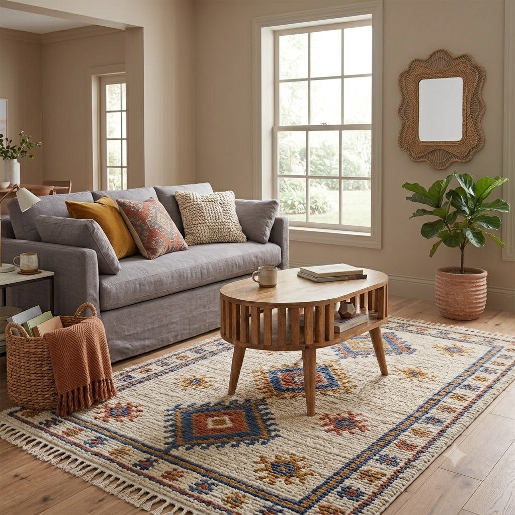 A styled living room featuring a large cream-colored area rug with a colorful geometric pattern and fringe, styled with a gray sofa, wooden coffee table, and potted plant.