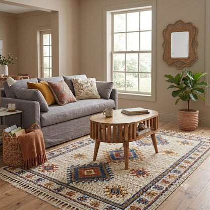 A styled living room featuring a large cream-colored area rug with a colorful geometric pattern and fringe, styled with a gray sofa, wooden coffee table, and potted plant.