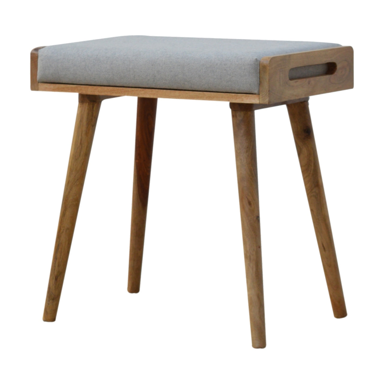 Footstool Grey Tweed Tray Style by Maple Manor stool in grey tweed with solid wood legs and tray handle