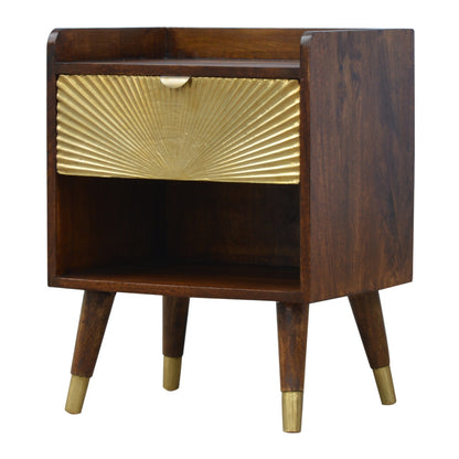 One Drawer Bedside Manila Gold by Maple Manor brown wooden bedside table with one drawer and ribbed brass front.