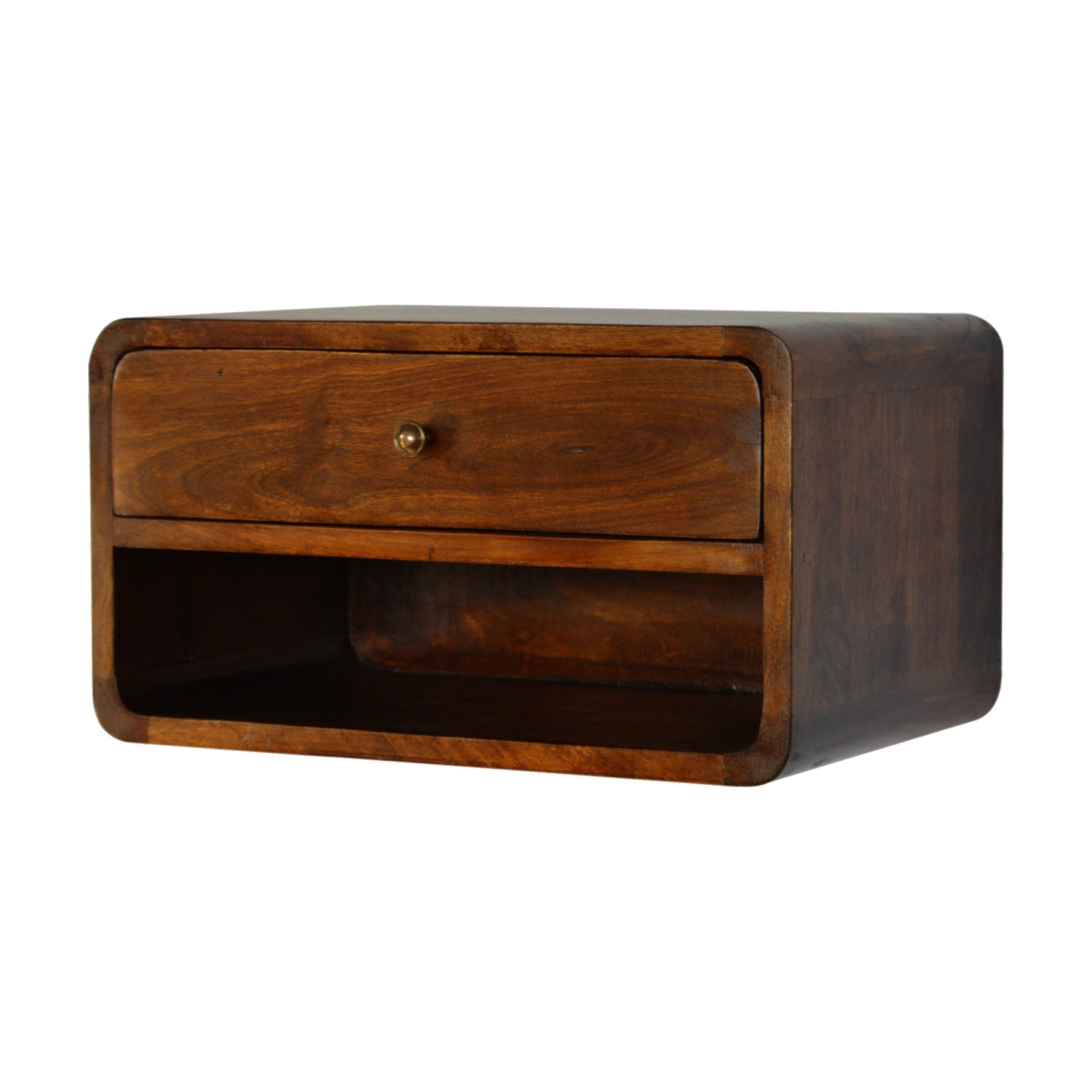 Floating Bedside Chestnut Curve by Maple Manor solid wood wall mounted bedside chest with curved drawer face