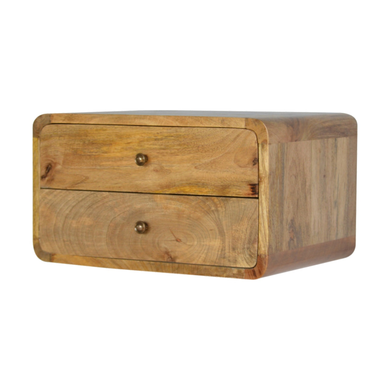 Oak-ish Bedside 2 Drawer Floating by Maple Manor wall mounted solid wood bedside table with two drawers.