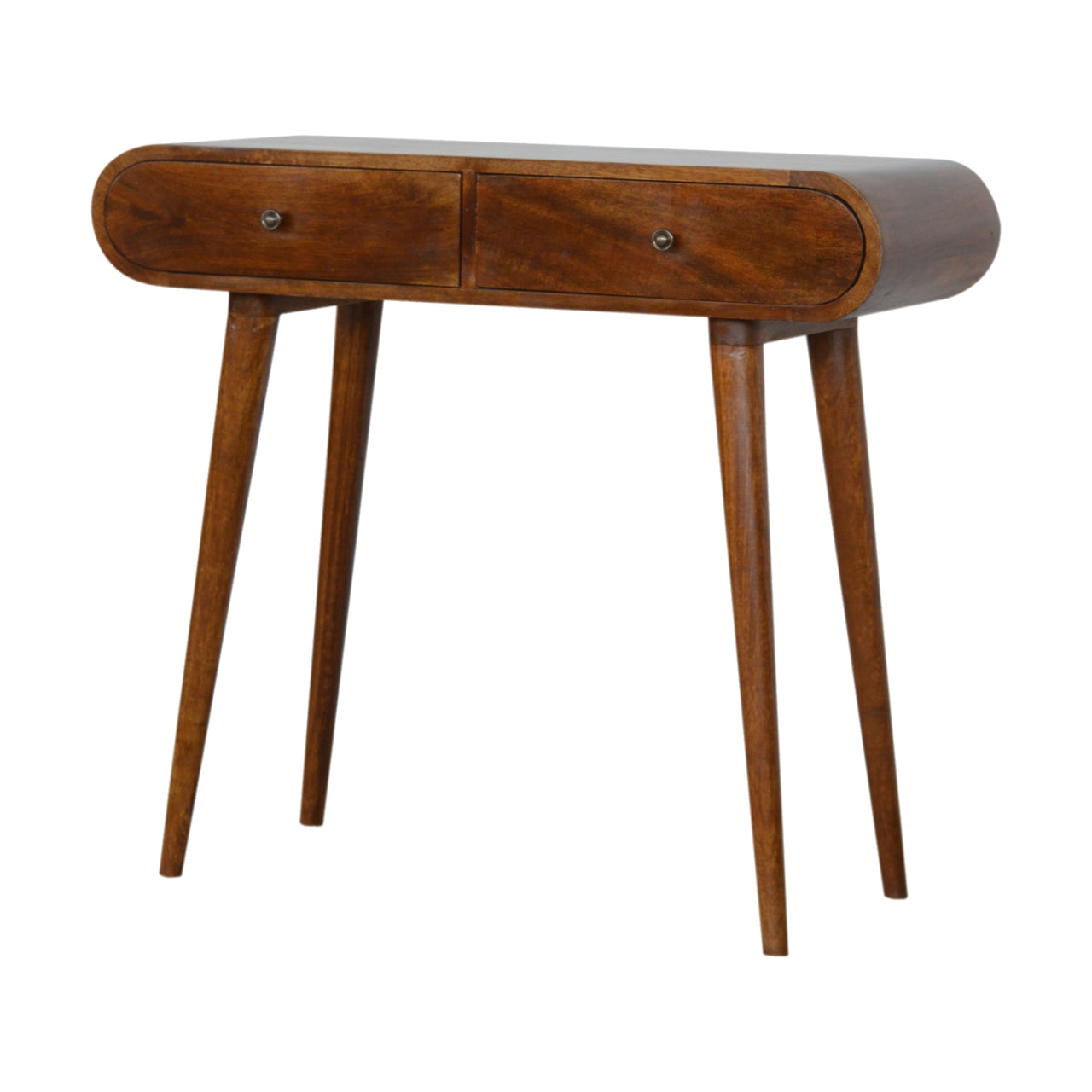Chestnut Console Table London by Maple Manor in solid wood with two drawers and tapered legs, chestnut brown finish