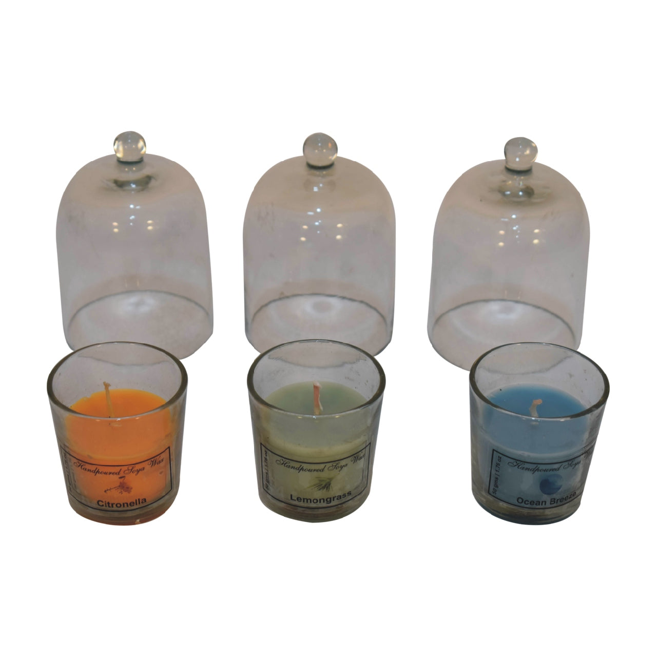 set of 3 candles, includes Citronella, Summer Tides and Lemongrass on a white background