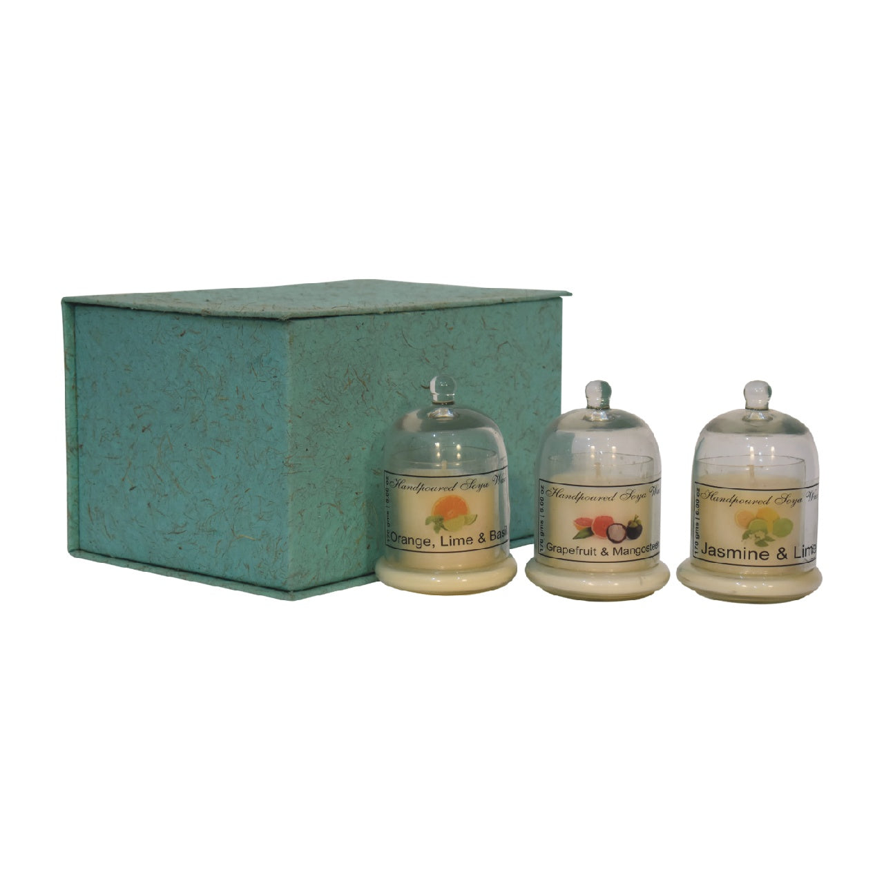 Gift box with dome-shaped jars storing scented candles inside. on a white background